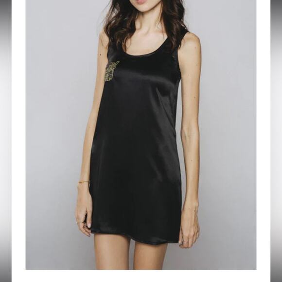 Verameat Black Satin Mini Dress Pretty Kitty Cat Gold Embroidered Large - Picture 1 of 8